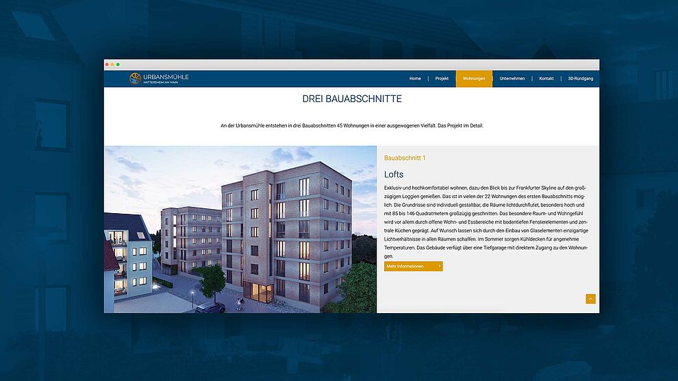 Screenshot des Onlineauftritts der Urbansmühle zum Thema Bauabsschnitte