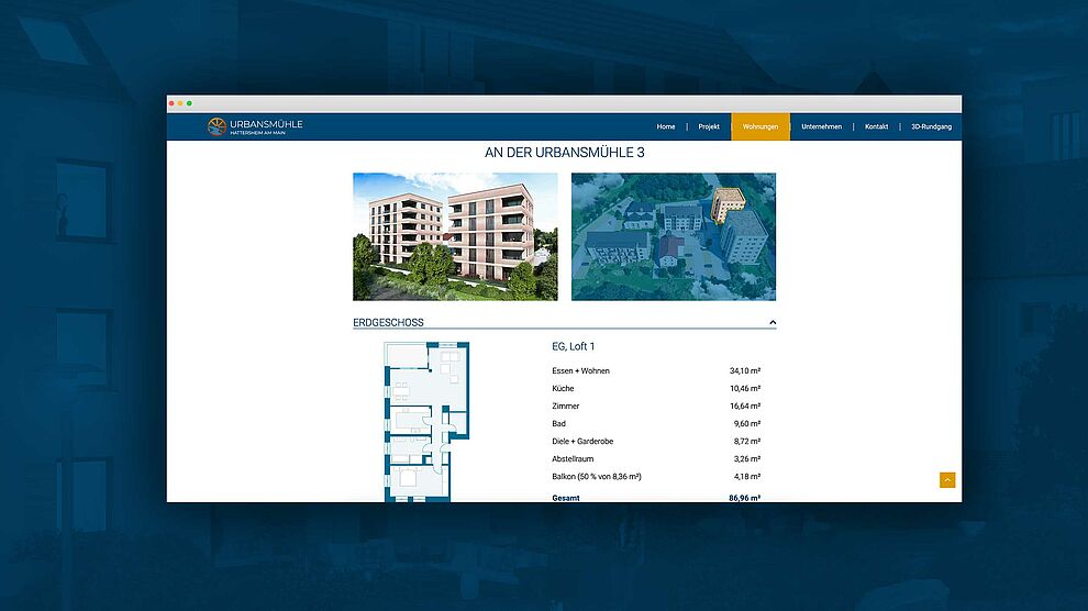 Screenshot der Webseite der Urbansmühle mit Informationen zu den Lofts
