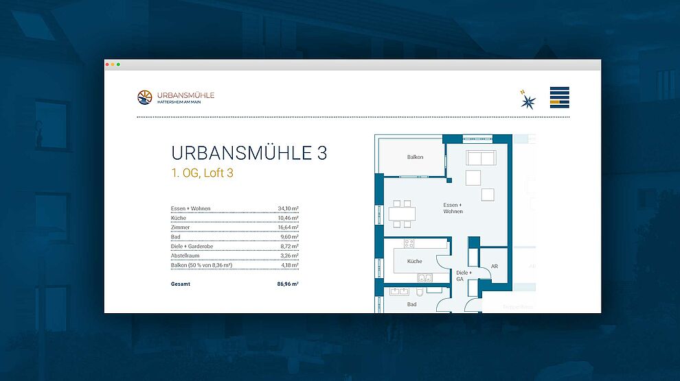 Informationsdokument eines Lofts der Urbansmühle mit Grundriss und Quadratmeteranagaben