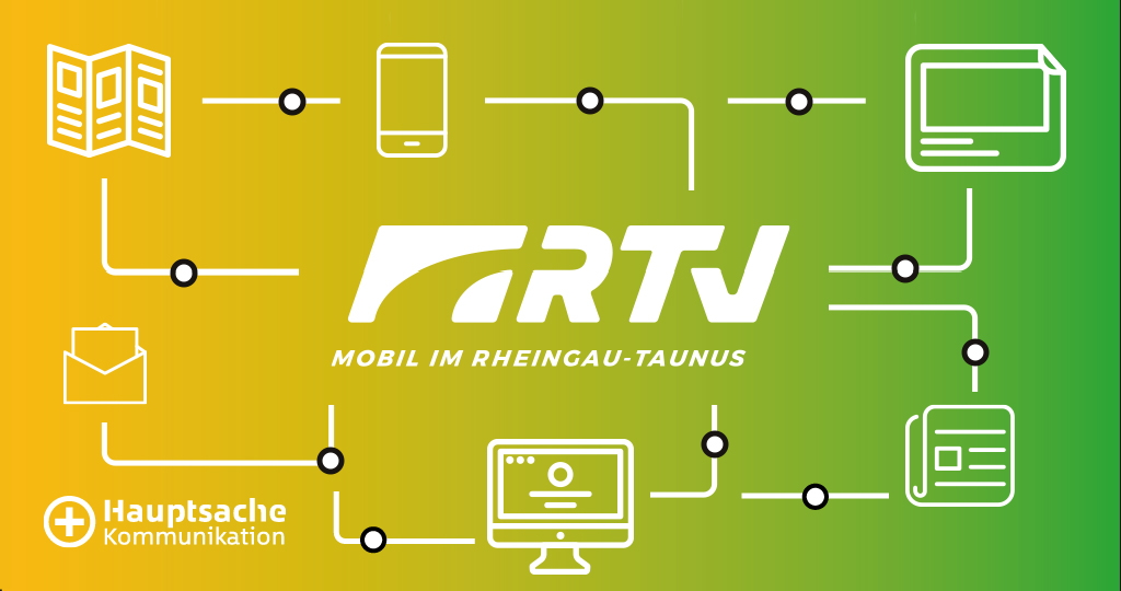 Darstellung verschiedener Medien in einem Netzplan um das Logo der Rheingau-Taunus-Verkehrsgesellschaft mbH herum