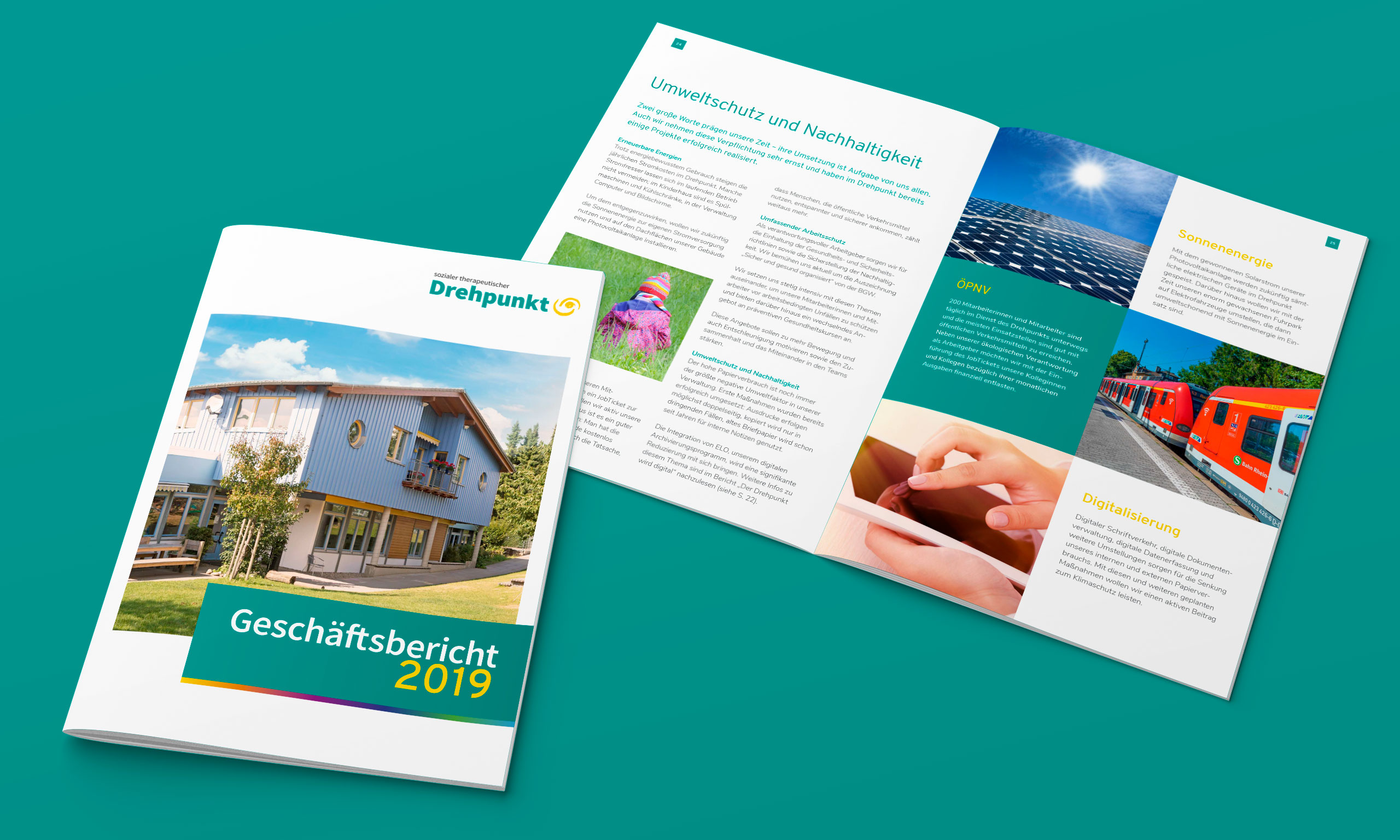Hauptsache Kommunikation kreierte den ersten Geschäftsbericht des sozial-therapeutischen Drehpunkt: Ansicht der Titelseite und einer Doppelseite aus dem Inhaltsteil