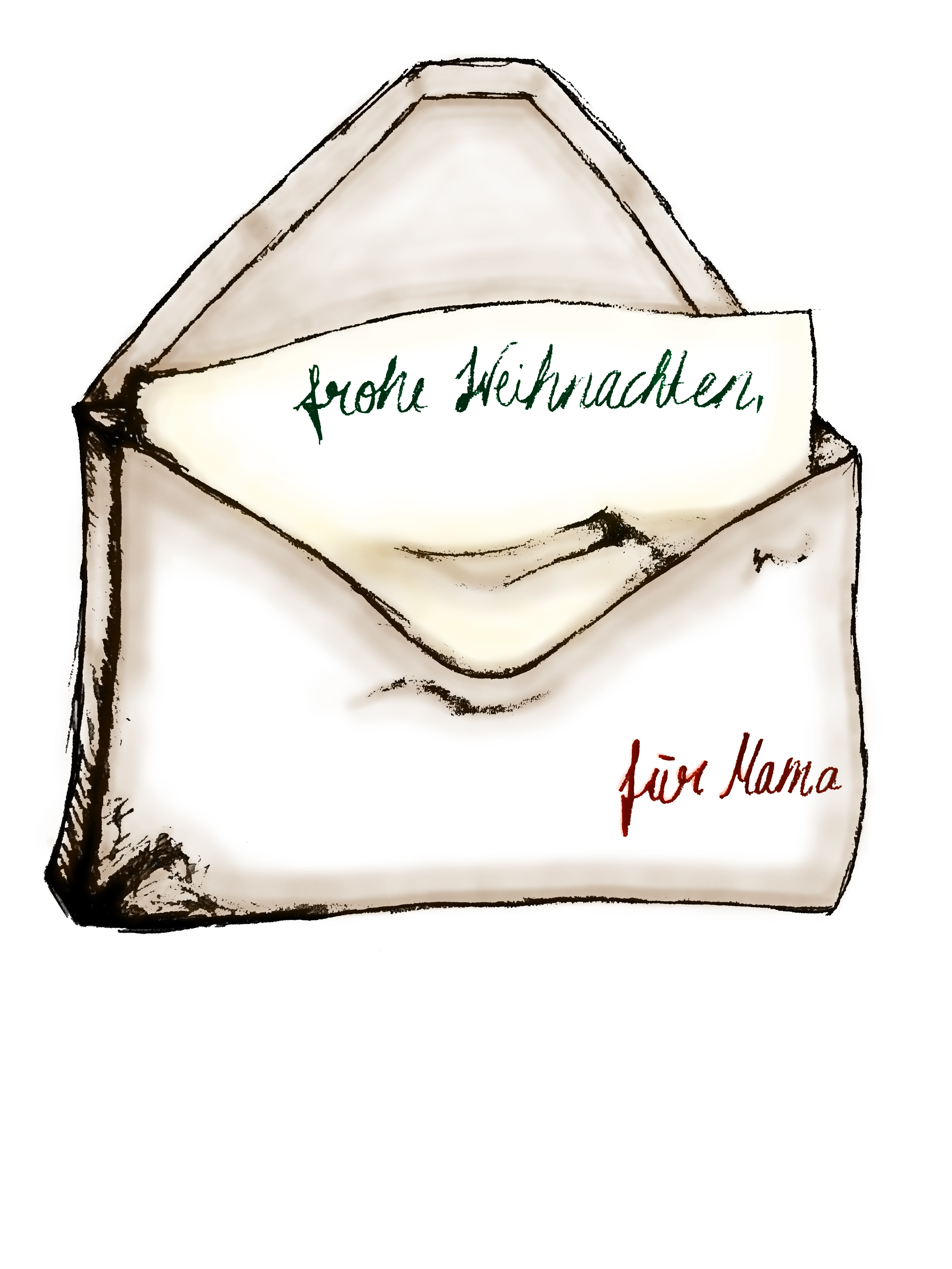HK wünscht Frohe Weihnachten Ein geöffneter Briefumschlag, darin ein Brief mit der Aufschrift "Frohe Weihnachten". Auf dem Umschlag steht "für Mama"