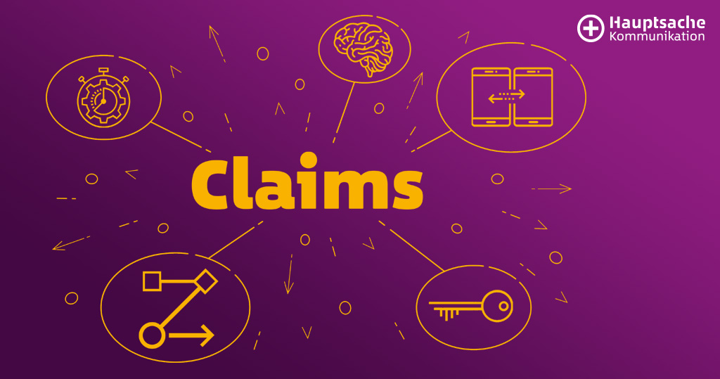 Man sieht eine Mindmap; in der Mitte steht "Claims", dies ist verbunden mit fünf Kreisen, in diesen sind Grafiken: ein Schlüssel, ein Gehirn, Handys, verbundene Striche und eine Stoppuhr.