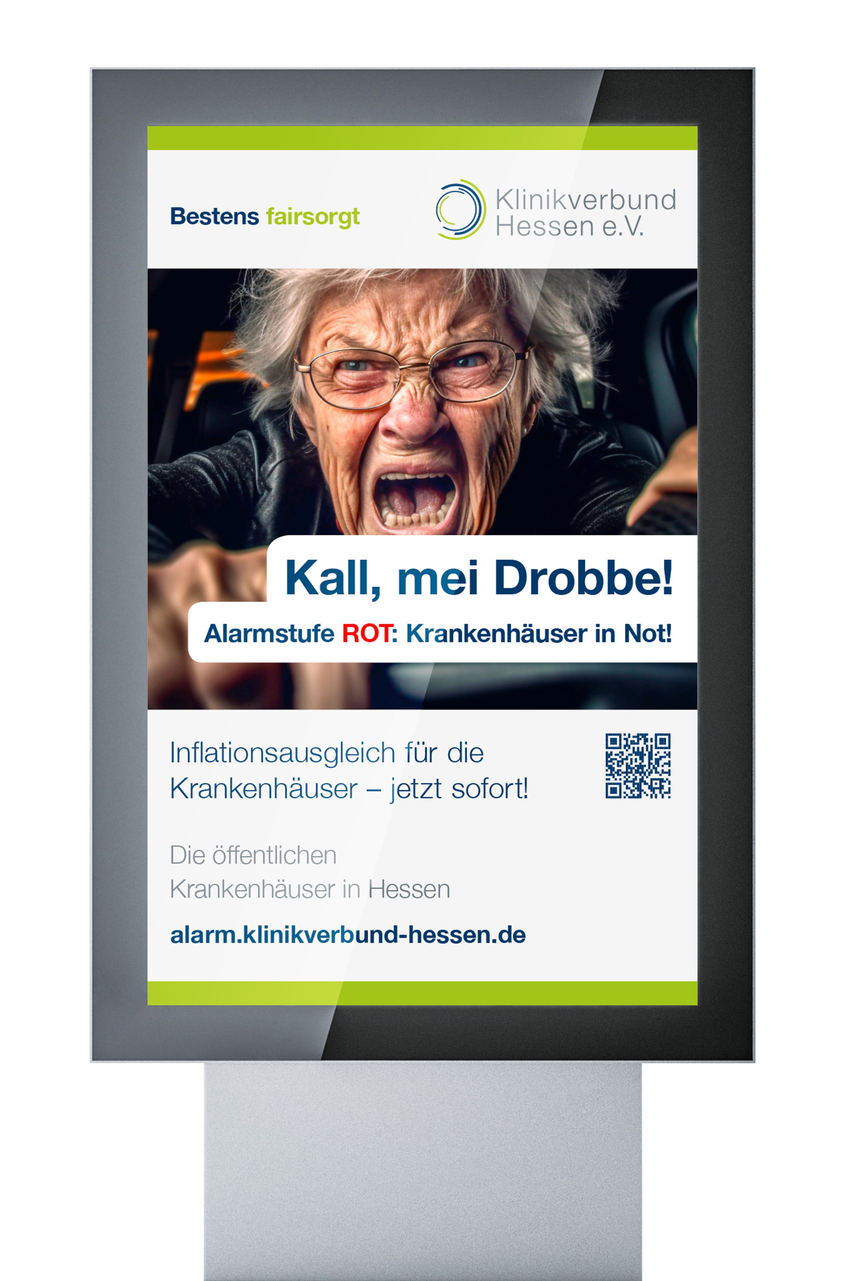Klinikverbund Hessen Plakatkampagne um auf die Krisensituation der hessischen Krankenhäuser aufmerksam zu machen. Motiv mit einer älteren Dame mit wütendem Gesicht