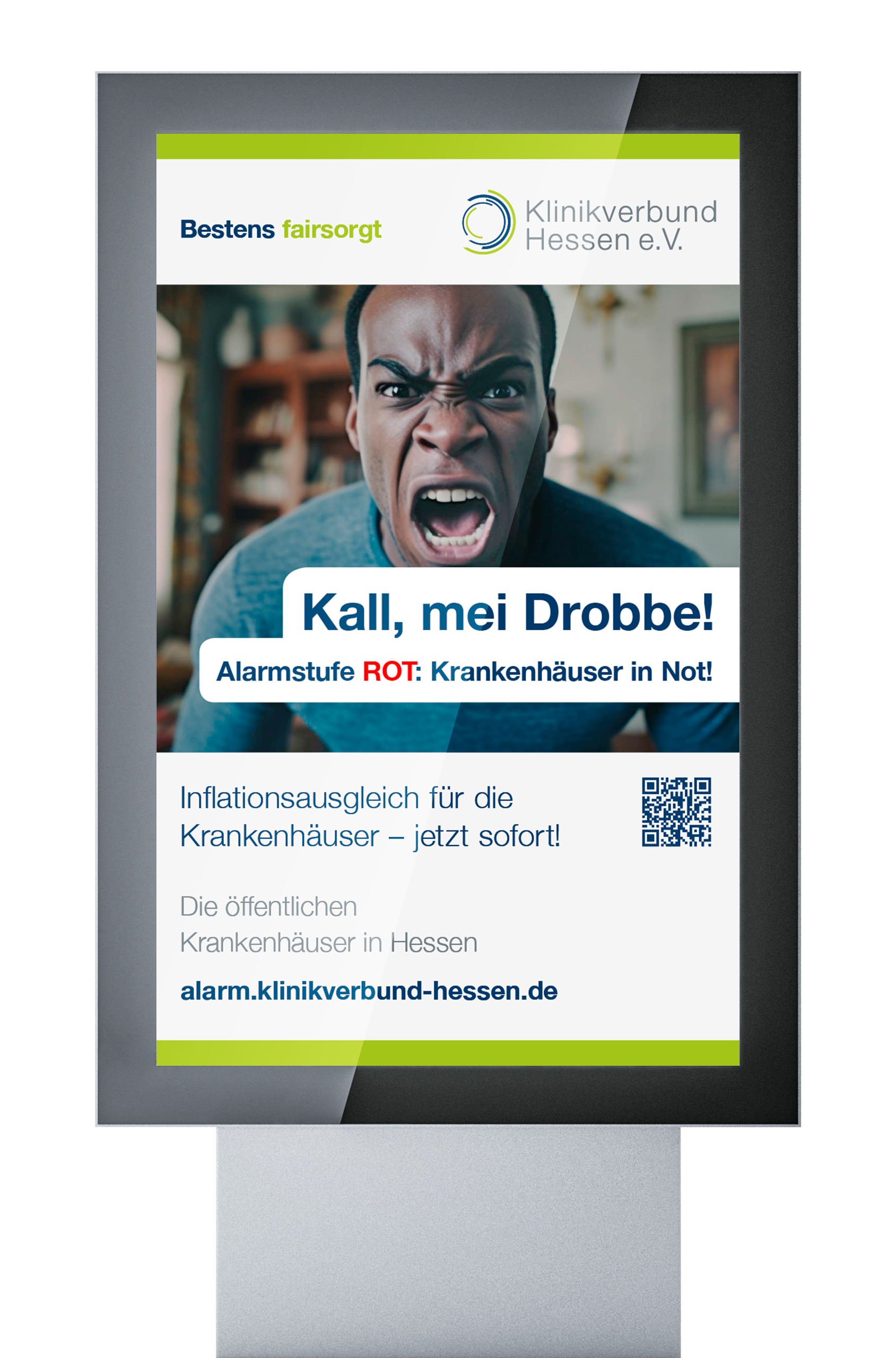 Klinikverbund Hessen Plakatkampagne um auf die Krisensituation der hessischen Krankenhäuser aufmerksam zu machen. Motiv mit einem jungen Mann mit wütendem Gesicht
