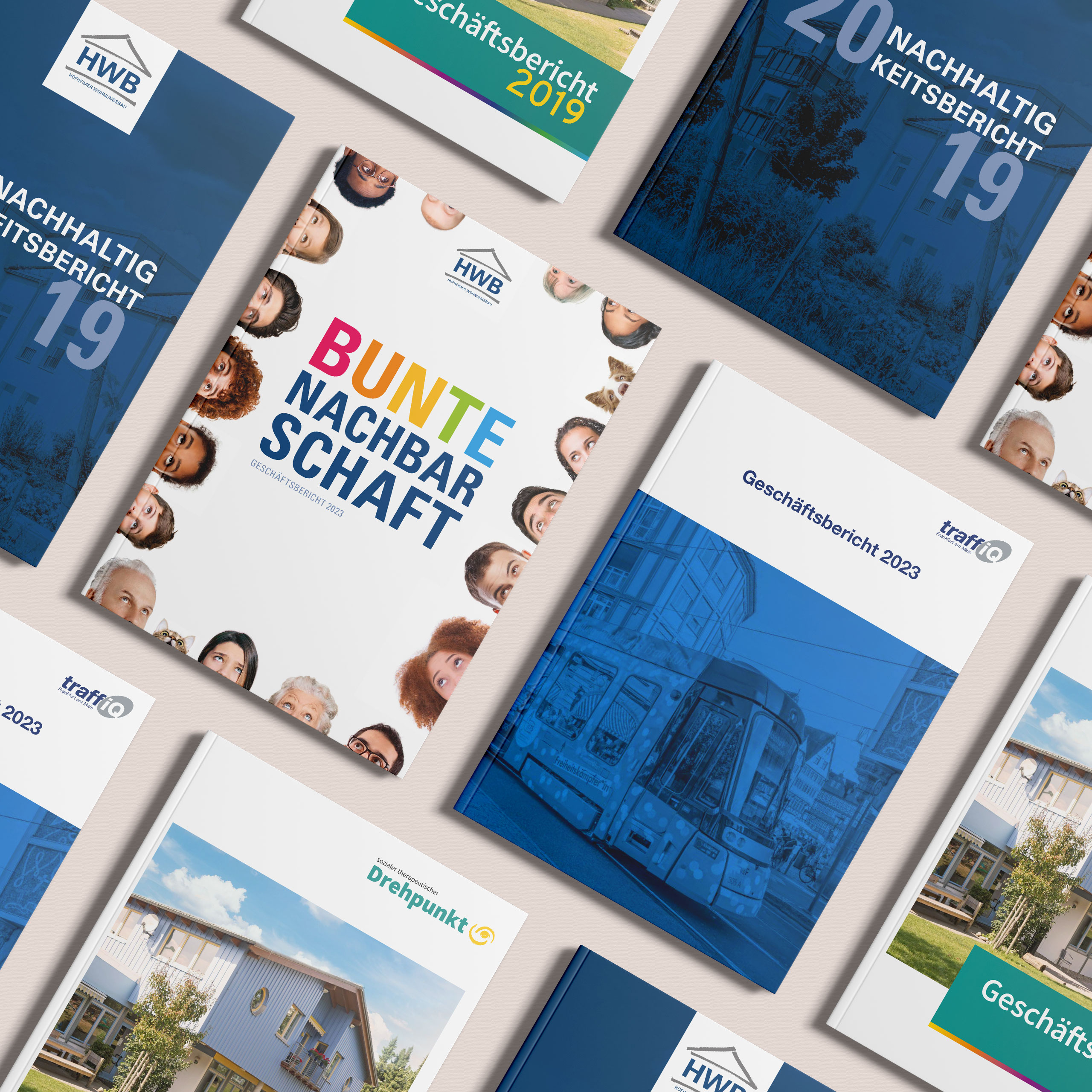 Konzeption, Kreation, Gestaltung und Redaktion von Geschäfts- und Jahresberichten: Tietelcover mehrerer Geschäfts- und Jahresberichte verschiedener Unternehmen