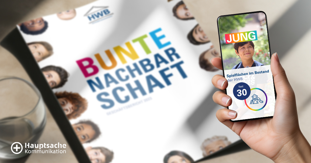 Ein im Hintergrund auf dem Tisch liegender Geschäftsbericht; im Vordergrund hält eine Hand ein Smartphone und auf dem Display ist ein Social Media Clip zu sehen.