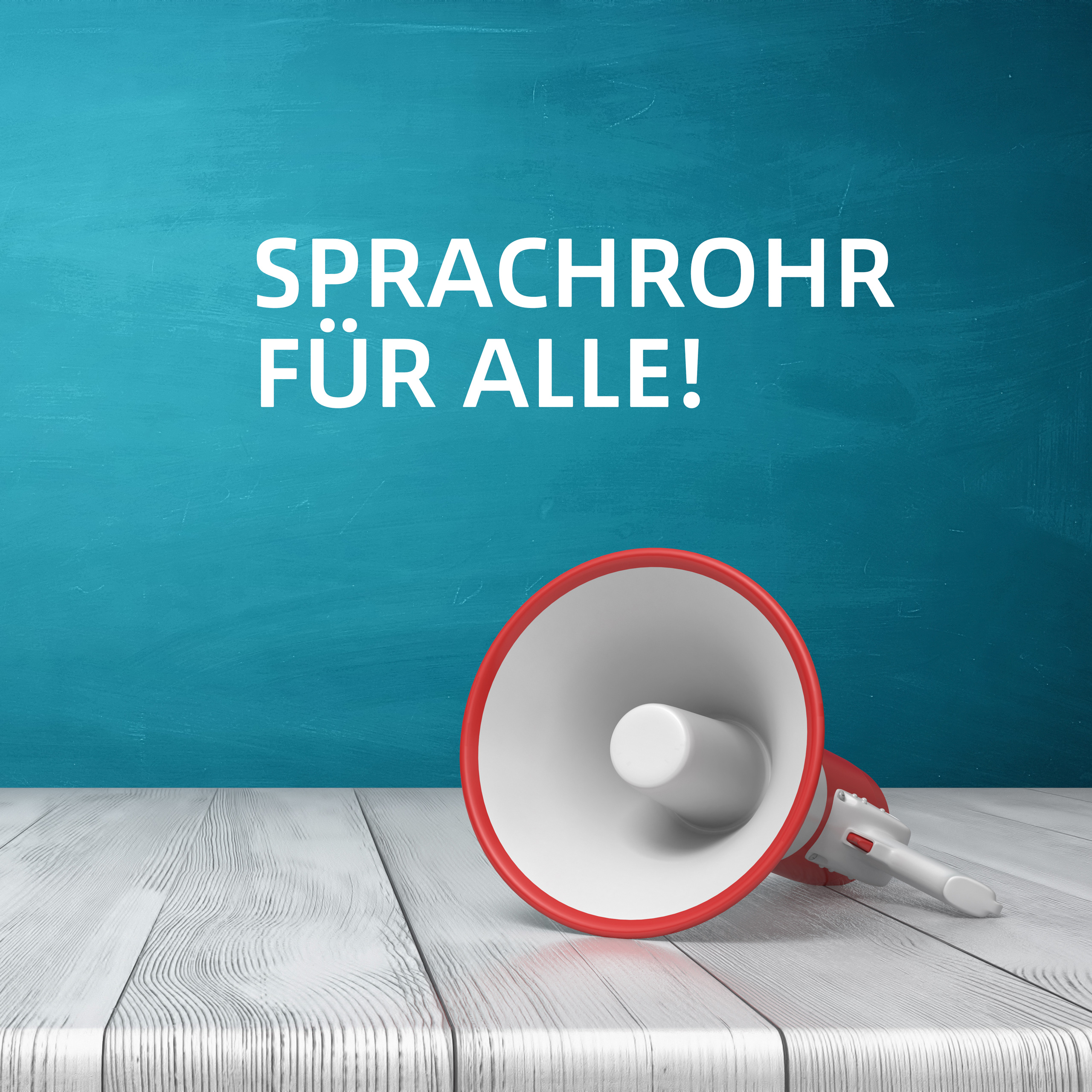 Ein Megafon liegt auf dem Tisch. Darüber in großen Buchstaben steht als Überschrift "Sprachrohr für alle!"