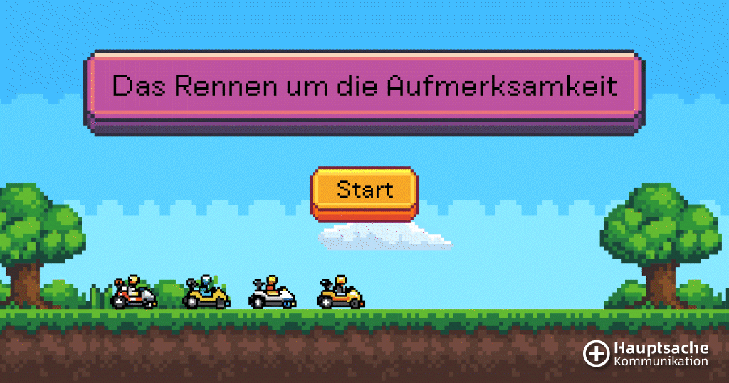 Pixel-Art-Spielszene: Vier kleine Rennfahrzeuge starten auf einer grünen Strecke zwischen Bäumen, Überschrift ‚Das Rennen um die Aufmerksamkeit‘ und Start-Button.