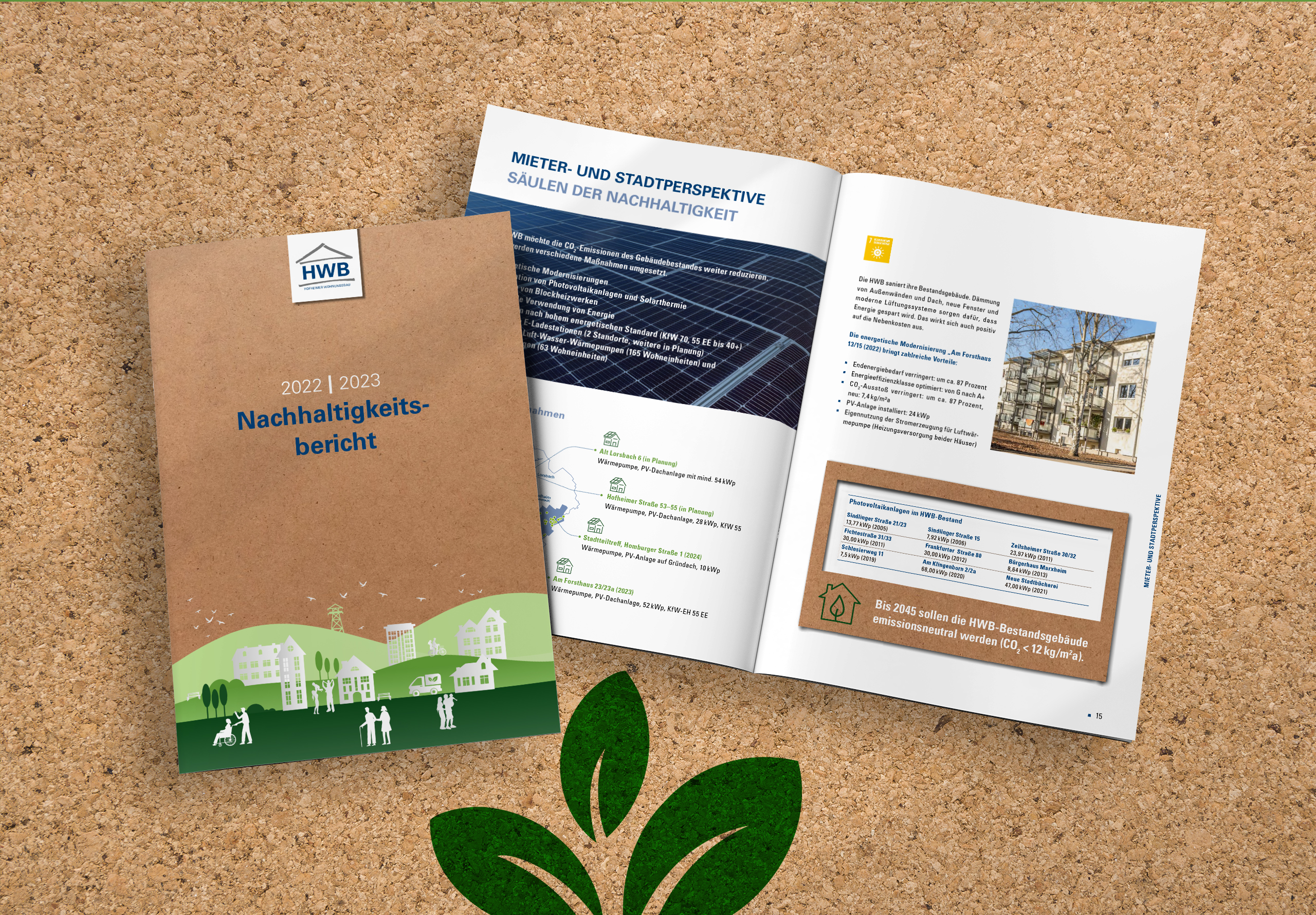 Nachhaltigkeitsbericht 2022/2023 der HWB mit Cover in Kork-Optik und Innenseiten zu erneuerbaren Energien, Photovoltaik und nachhaltiger Stadtentwicklung.