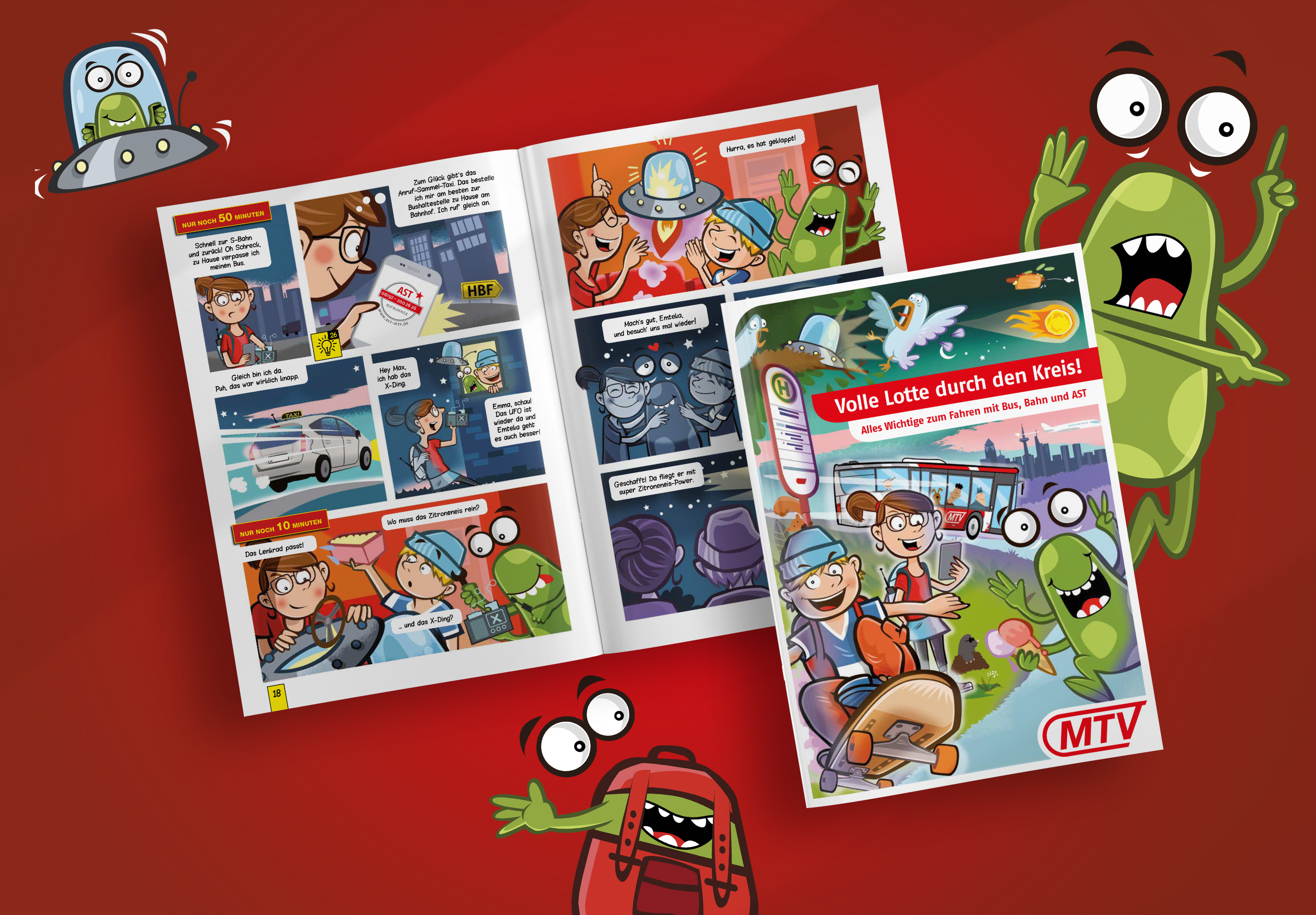 Bunte Comic-Broschüre der MTV mit gezeichneten Figuren und Szenen rund um die Nutzung von Bus und Bahn im öffentlichen Nahverkehr.