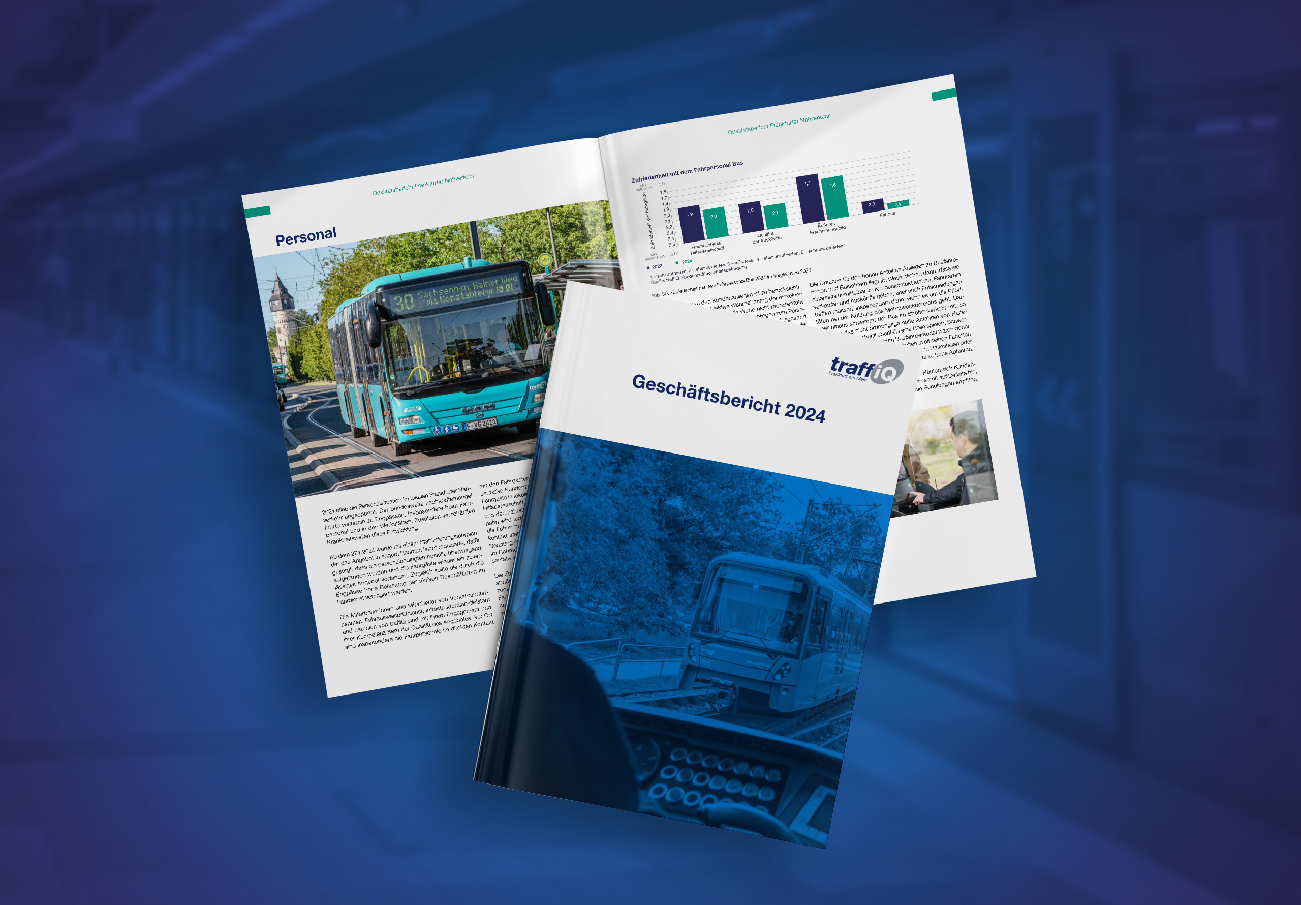 Geschäftsbericht 2024 von traffiQ mit Bild eines Busses im Stadtverkehr und Diagrammen zur Zufriedenheit mit dem Bus-Personal im öffentlichen Nahverkehr