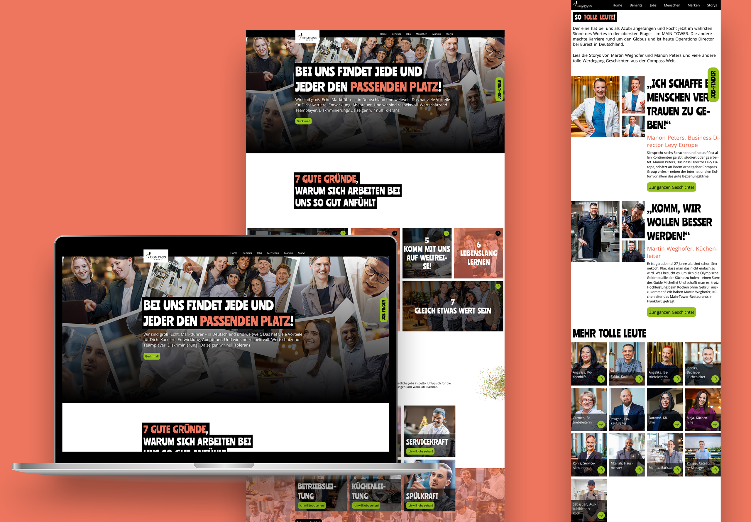 Moderne Karriere-Website mit emotionalen Mitarbeiterbildern, klarer Typografie und Employer-Branding-Inhalten auf Desktop und Mobile