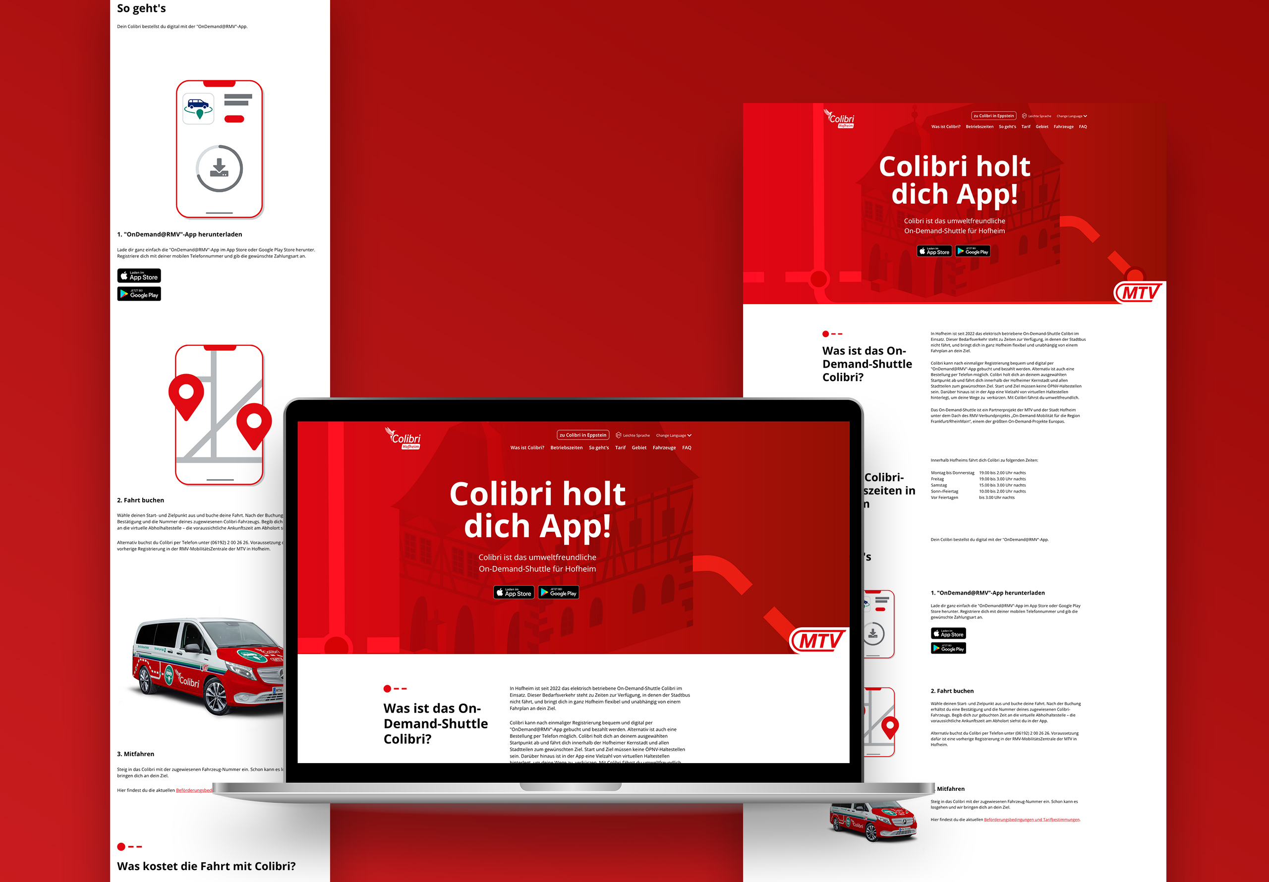 Landingpage für On-Demand-Shuttle-App mit rotem Branding, klarer Nutzerführung und mobiler App-Integration