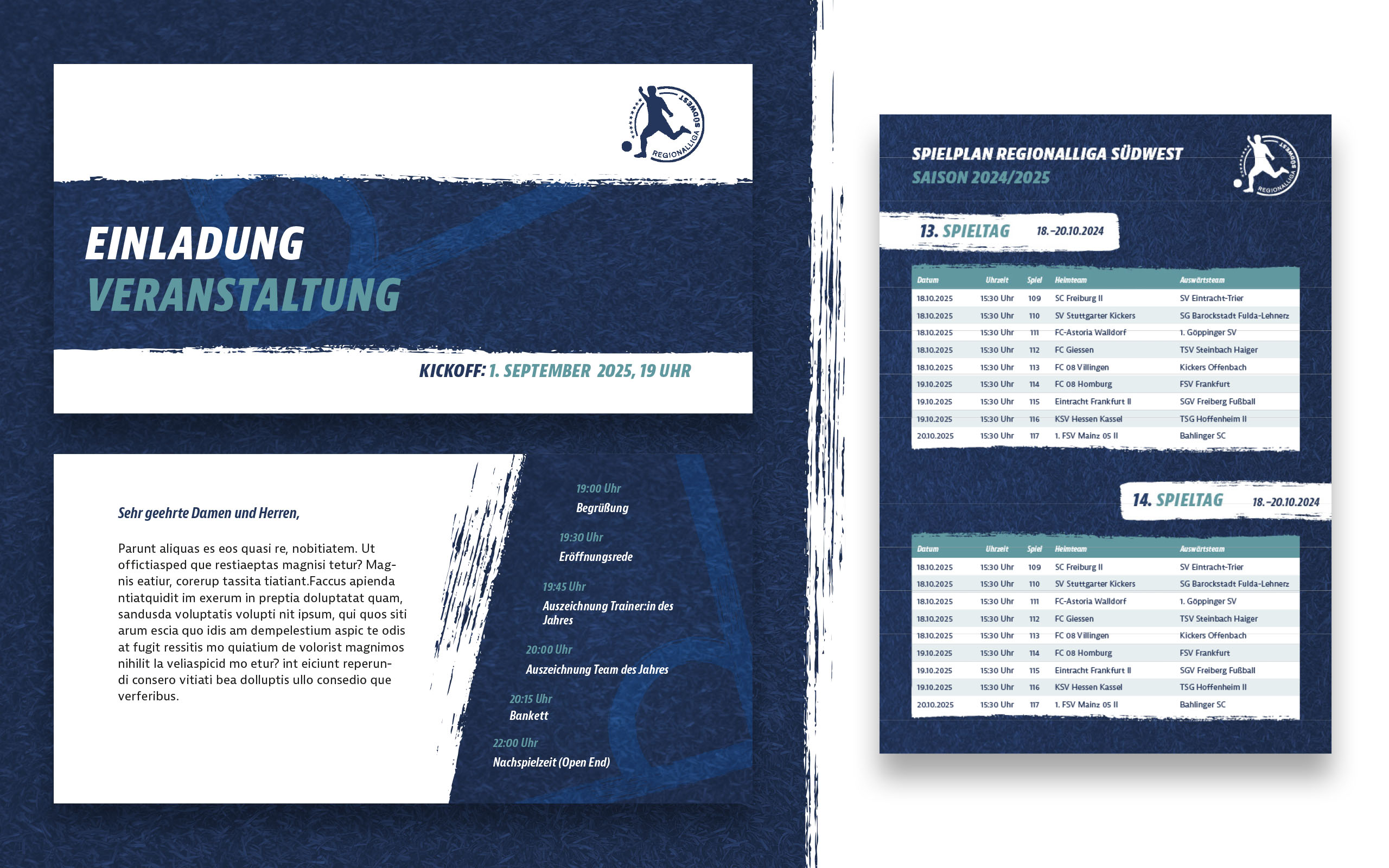Anwendungsbeispiele im Rahmen des neuen Corporate Design der Regionalliga Südwest, beispielhafte Gestaltung einer Einladung sowie des Spielplans