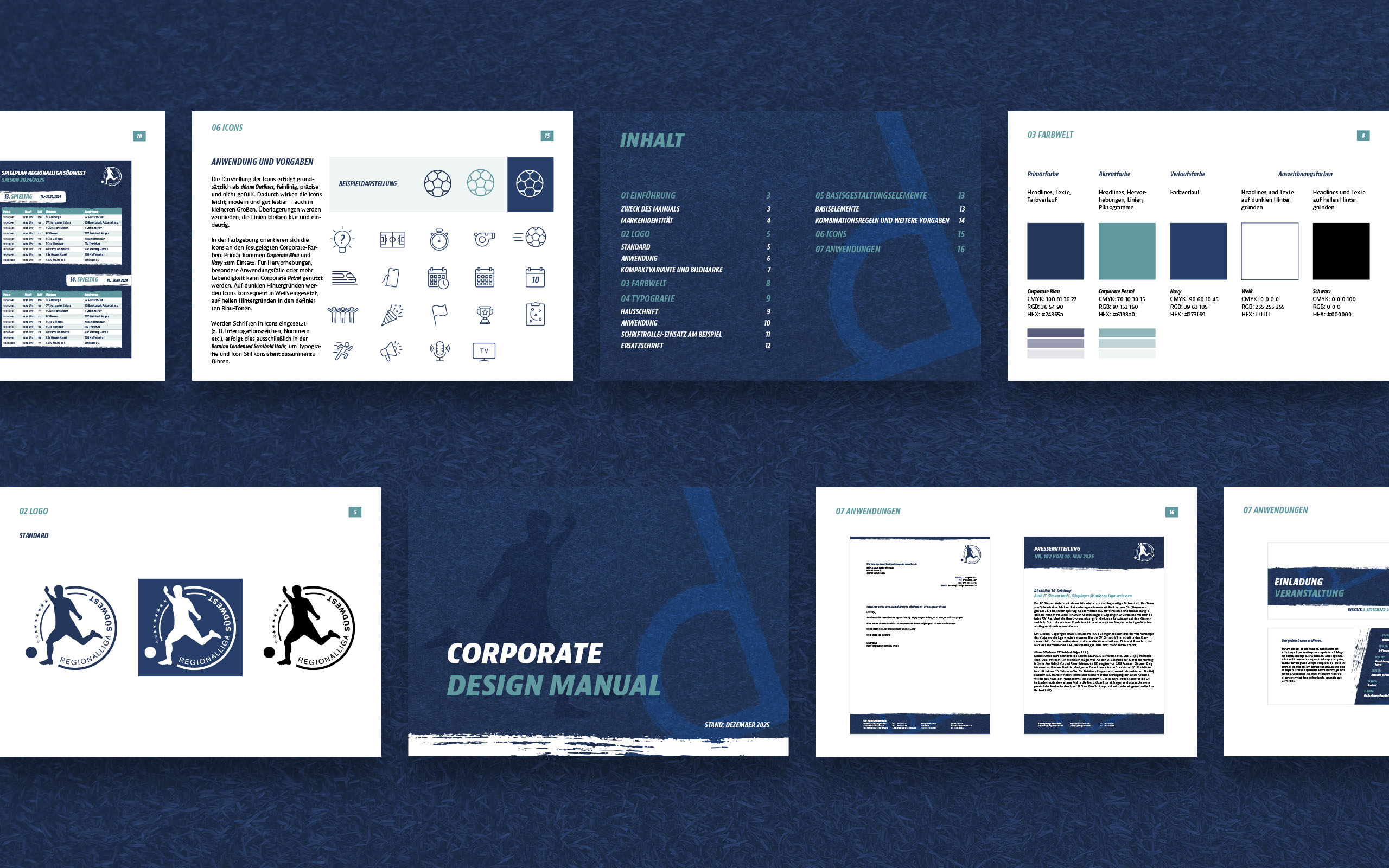 Das neue Corporate Design Manual der Regionalliga Südwest enthält alle elementaren Informationen zum konsistenten Einsatz von Typografie, Farben, Logo usw. für sämtliche Anwendungen