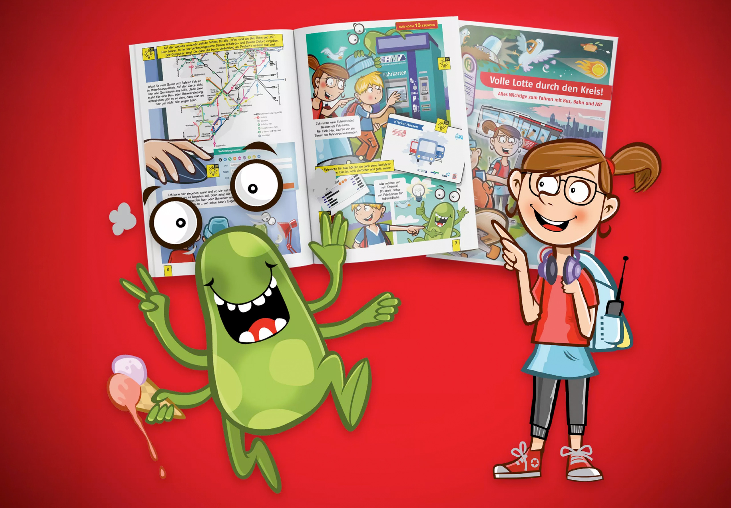 Bunte Comic-Broschüre der MTV mit gezeichneten Figuren und Szenen rund um die Nutzung von Bus und Bahn im öffentlichen Nahverkehr.