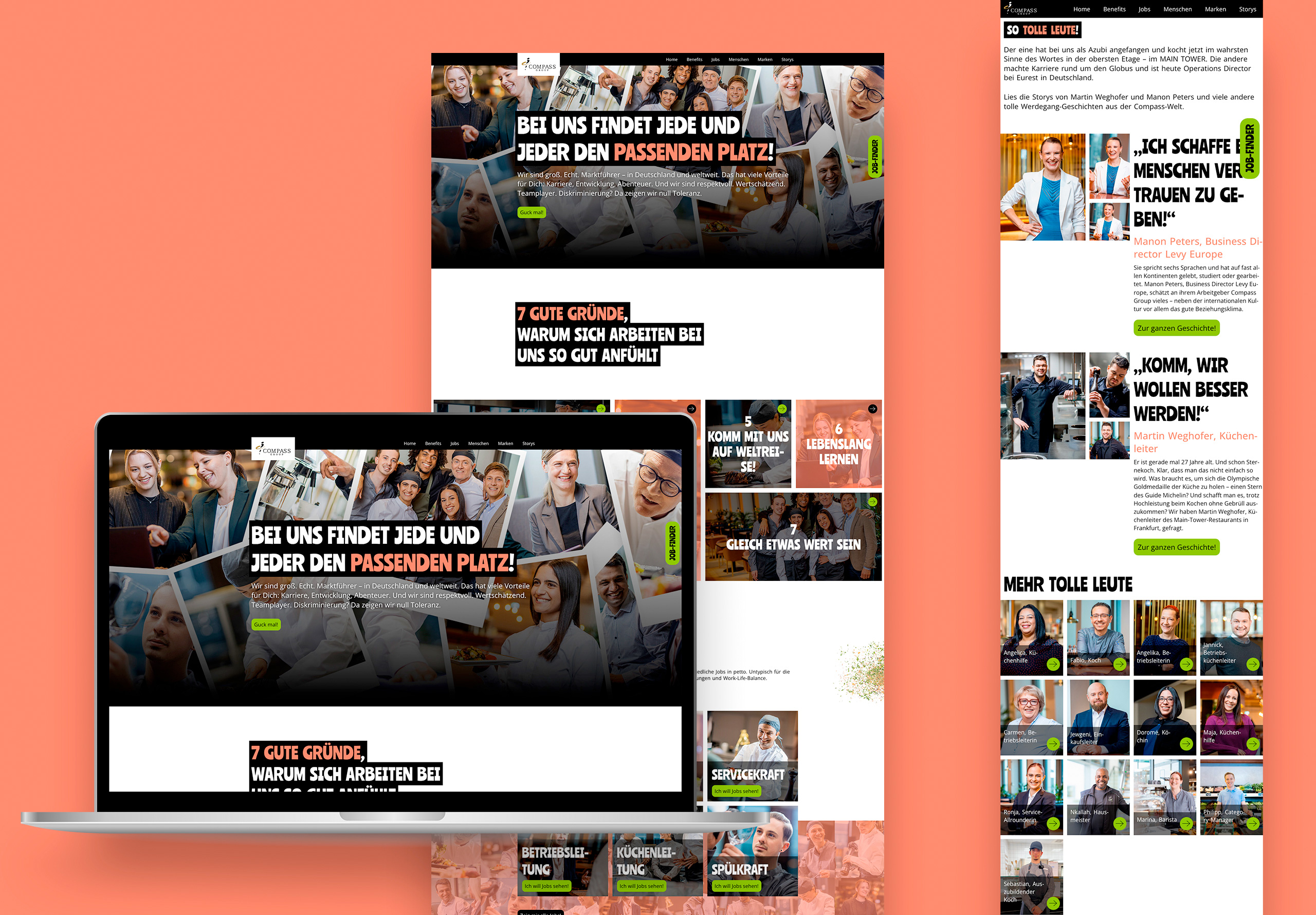 Moderne Karriere-Website mit emotionalen Mitarbeiterbildern, klarer Typografie und Employer-Branding-Inhalten auf Desktop und Mobile